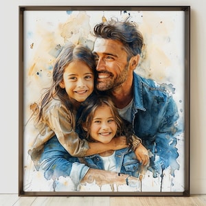 Retrato familiar en acuarela, retrato de padre e hijo pintado a partir de una foto, regalo personalizado para el Día del Padre, regalo de aniversario personalizado para el esposo.