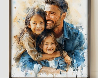 May include: Watercolor portrait of a father and two daughters, framed in a dark brown frame. The artwork features a warm color palette with blue denim jackets and tan clothing. The family is smiling, creating a heartwarming scene.