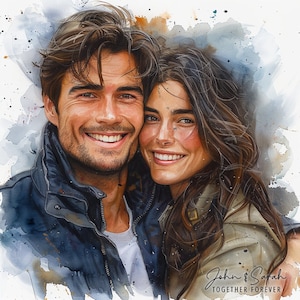 Watercolor Anniversary Gift for Him Her, Boyfriend, Girlfriend, Romantic Portrait Painting from Photo, Couples Gift, Digital Canvas Print