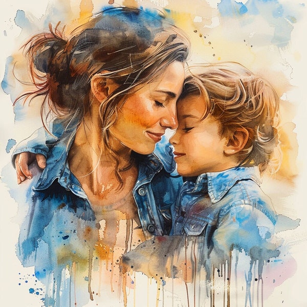 Impression aquarelle personnalisée fête des mères à partir d'une photo, cadeau pour maman, mère grand-mère, portrait de famille, première fête des mères, cadeau d'une fille