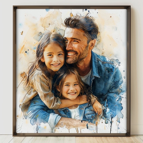 Personalisiertes Aquarell Gemälde vom Foto, Familiengeschenk für Papa, Hand gezeichnetes Portrait, personalisierte Zeichnung, Vatertagsgeschenk, Ehemann-Opa-Geschenk