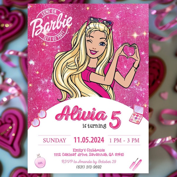 Invito alla festa modificabile per ragazze Barbie Invito alla festa per bambole alla moda Invito per il compleanno delle ragazze Invito per il compleanno della bambola Invito per il compleanno di Barbie rosa