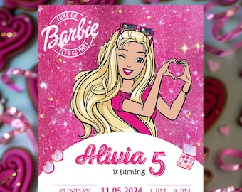Faire-part de fête modifiable pour fille Barbie, invitation de fête de poupée mode, invitation d'anniversaire de filles, invitation d'anniversaire de poupée, invitation d'anniversaire de Barbie rose