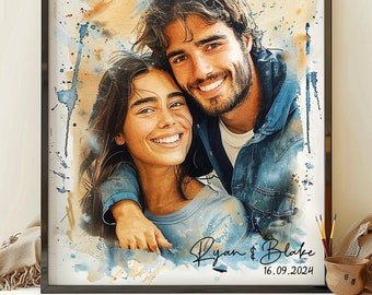 Custom Watercolor Couple Portrait From Photo, Personalized Canvas From Photo, Canvas Print, Wedding Anniversary Gift for Him Gift for Couple