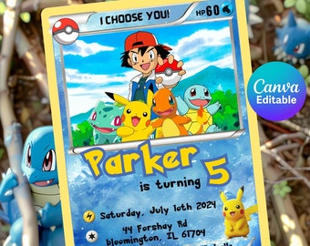 May include: A Pokemon-themed birthday invitation for a 5-year-old boy named Parker. The invitation features a blue and yellow background with a picture of Pikachu and other Pokemon characters. The text on the invitation reads "Parker is turning 5" and includes the date, time, and location of the party.