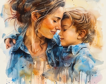 Impression aquarelle personnalisée fête des mères à partir d'une photo, cadeau pour maman, mère grand-mère, portrait de famille, première fête des mères, cadeau d'une fille