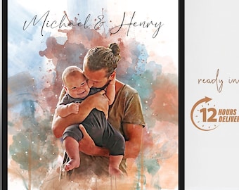 May include: Watercolor painting of a father and son. The father is holding the son in his arms and kissing his forehead. The painting is in shades of blue, brown, and white. The names "Michael & Henry" are written at the top of the painting.