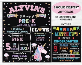 May include: Two chalkboard style first day of school signs. The first sign is pink and purple with a unicorn and the text "ALYVIA'S first day of PRE-K AUGUST 7, 2023 RIVERA PRIMARY SCHOOL my favorite color is PINK I AM FIVE YEARS OLD class of 2037 I want to be a PRINCESS when I grow up I LOVE GYMNASTICS SWIMMING COLORING DANCING". The second sign is rainbow colored with the text "MATTHEW'S FIRST DAY OF KINDERGARTEN I am 5 years old 08.07.23 I LOVE MY HORSE MY ROOSTER MY LONGHORNS I want to be a FARMER when I grow up Class of 2036 my favorite color is RED James A. Mulkey Elementary School Mrs. Precise".