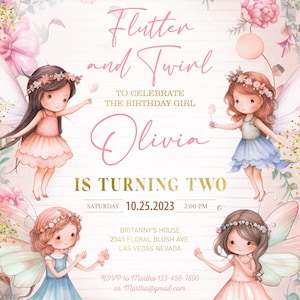 Invitation d'anniversaire de fée modifiable Fête de fée enchantée de lutin fantaisiste Fête de fée florale magique Fête de princesse Téléchargement instantané Modifiable