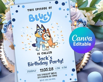 Invitación de cumpleaños editable de Bluey, invitación digital para fiesta de cumpleaños, invitación digital para fiesta de cumpleaños, plantilla de descarga instantánea para niños y niñas con perro azul