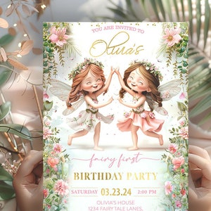 Fee Geburtstagseinladung Mädchen, Fee 1st Geburtstag einladen, Mädchen erster Geburtstag Fee Einladung Geburtstag Mädchen Fee Geburtstag bearbeitbar