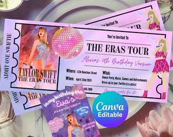 Invitación editable de cumpleaños de Taylor Eras Tour Ticket Stub Invitación de boleto de fiesta de Eras Fiesta de Taylor Swift en mi invitación de cumpleaños de Swiftie Era