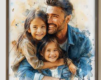 Fathers Day Personalized Watercolor Print from Photo, Gift for Dad Father Grandpa, Family Portrait, First Fathers Day, Gift from Daughter