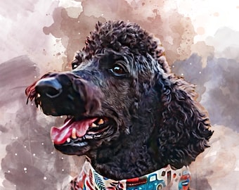 May include: Watercolor portrait of a black poodle with its tongue out, wearing a colorful collar. The dog's name, "Walle," is written in cursive at the top. The background features brown and gray watercolor splashes.