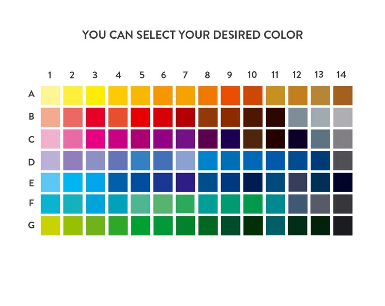 May include: A color chart with 14 columns and 7 rows. The chart shows a gradient of colors from yellow to red, orange, purple, blue, green, and gray. The chart is labeled with numbers 1 through 14 across the top and letters A through G down the side.