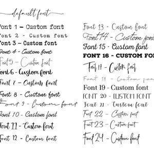 May include: A list of 24 different fonts, labeled "Font 1" through "Font 24". Each font is shown with the text "Custom font" or "CUSTOM FONT".