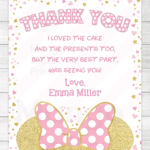 May include: Pink and gold thank you card with white polka dots and a pink bow with white polka dots. The text on the card reads "Thank You I loved the cake and the presents too, but the very best part was seeing you! Love, Emma Miller"