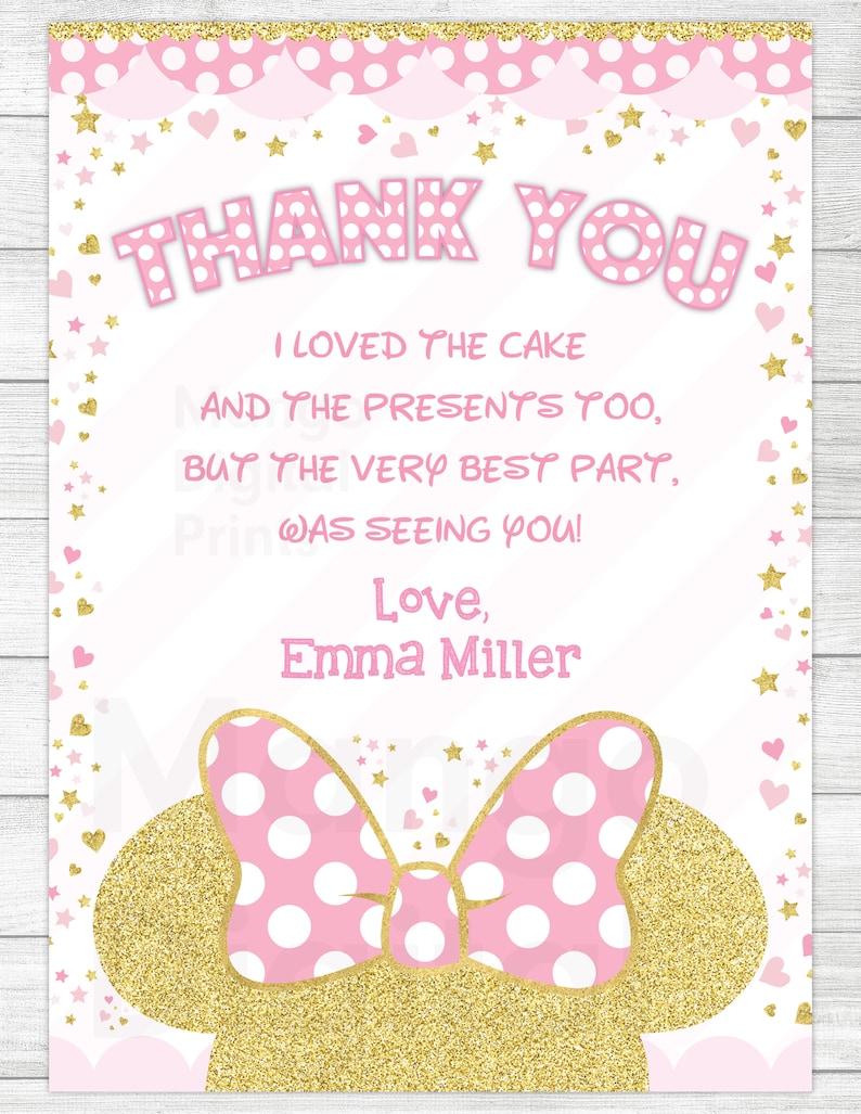 May include: Pink and gold thank you card with white polka dots and a pink bow with white polka dots. The text on the card reads "Thank You I loved the cake and the presents too, but the very best part was seeing you! Love, Emma Miller"