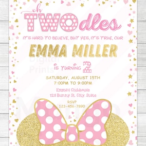 May include: Pink and gold birthday invitation with a polka dot bow and the text "Oh Two-dles It's hard to believe, but yes, it's true, our Emma Miller is turning 2. Saturday, August 15th 7:00pm to 9:00pm Emma's Clubhouse 123 Bunny St. City, State RSVP 123-456-7890"