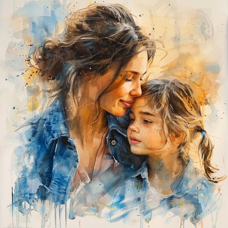 K&ouml;nnte beinhalten: Ein Aquarellbild einer Frau und eines jungen M&auml;dchens. Die Frau tr&auml;gt eine blaue Jeansjacke und hat ihren Arm um das M&auml;dchen gelegt. Das M&auml;dchen tr&auml;gt ein hellblaues Hemd und hat ihren Kopf auf der Schulter der Frau ruhen. Das Bild ist in einem weichen, romantischen Stil gemalt.