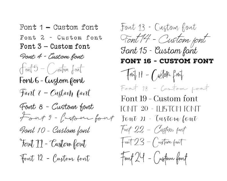 K&ouml;nnte beinhalten: Ein wei&szlig;er Hintergrund mit schwarzem Text, der 24 verschiedene Schriftarten auflistet. Die Schriftarten sind von 1 bis 24 nummeriert und jede Schriftart ist mit "Custom font" beschriftet, au&szlig;er Schriftart 20, die mit "[LISTOM FONT" beschriftet ist.