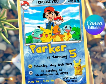 May include: A yellow and blue Pokemon-themed birthday invitation for a boy turning five. The invitation features a cartoon image of Pikachu and other Pokemon characters. The text on the invitation reads "Parker is turning 5" and includes details about the party, including the date, time, and location.