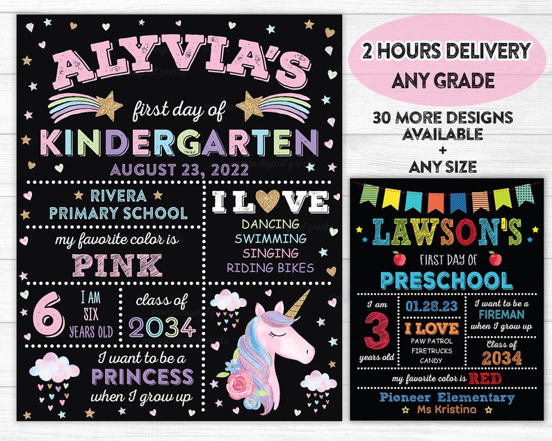 Puede incluir: Un cartel negro de pizarra con un dise&ntilde;o de unicornio y el texto "ALYVIA'S first day of KINDERGARTEN AUGUST 23, 2022 RIVERA PRIMARY SCHOOL my favorite color is PINK I AM SIX YEARS OLD class of 2034 I want to be a PRINCESS when I grow up I LOVE DANCING SWIMMING SINGING RIDING BIKES"