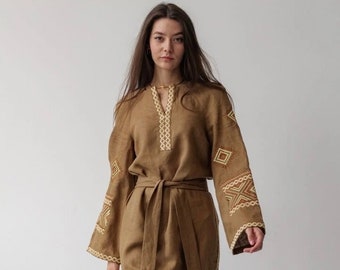 Embroidered Linen Brown Dress Vyshyvanka Ukrainian Handmade Ethno Folk dress For Woman Gift for her lady Folk Linen Ethnic Boho Dress Slavic