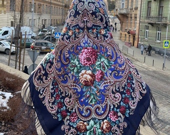 Ukrainian shawl 80% Wool Traditional Ukrainian scarf, scarf flower, Ethnic Folk Ukrainian Wool Shawl Babushka Floral Scarf folk costume