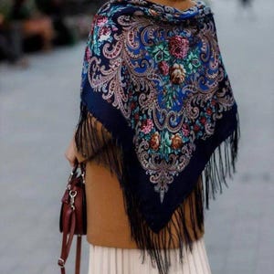 Dark Blue Ukrainian shawl, Traditional gifts for women bohemian scarf flower, Big Folk Scarf, Large Ukrainian Shawl, Ethnic folk costume