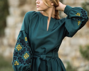 Ukrainian Vyshyvanka Dress Green Embroidered Women dress Dress Gift for Girl Gift for Her Gift for Wife Gift for women Gift for Christmas