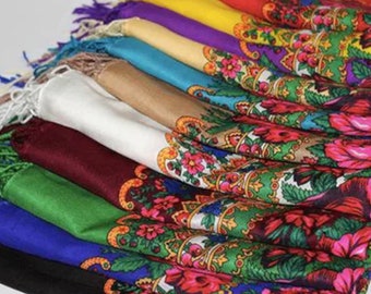 Ukrainian Wool Shawl 47" - Folk Floral Scarf in 8 Colors | Boho Gift for Mom Daughter