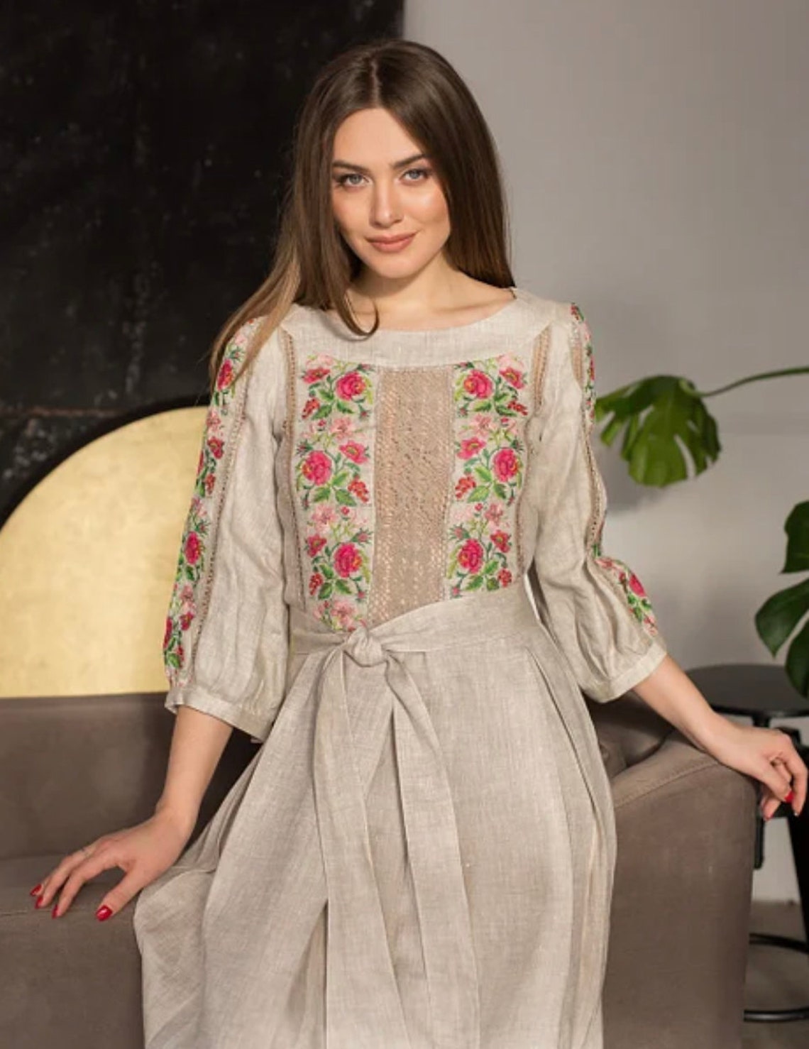 100% linen Embroidered dress Ukrainian embroidered dress | Etsy