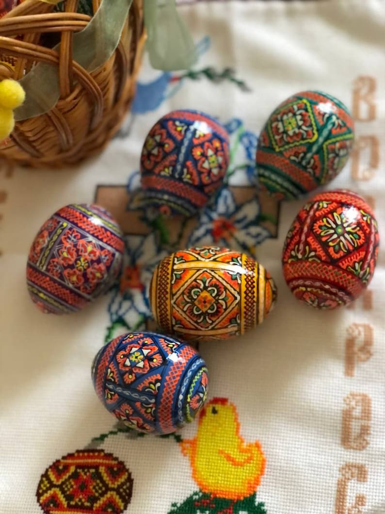 Set 6 Easter wooden eggs, Ukrainian traditional pysanky, Hand painted ornament eggs, Ukraine souvenir and gift Hand made painting image 1