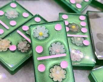 Green & Pink Domino Set, Handmade Resin Dominoes, Family Game Night, Double 6, Resin games