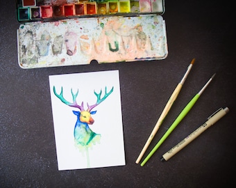 Handgemalte Postkarte Aquarell Hirsch