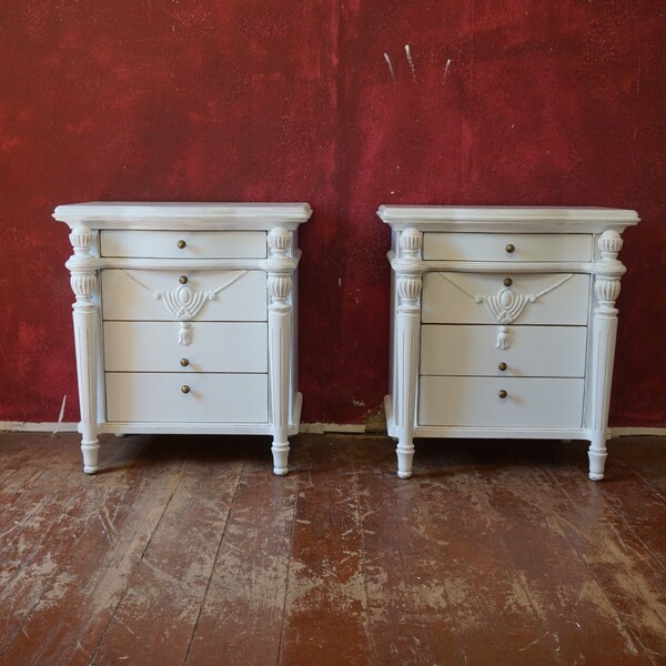 Pair of beautiful full columns dressers, half cabinet, Vertiko, shabby, Italy 60s