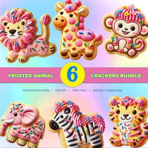 Puede incluir: Seis galletas de animales glaseados con glaseado rosa y chispas de colores. Los animales son un león, una jirafa, un mono, un elefante, una cebra y un tigre. FROSTED ANIMAL 6 CRACKERS BUNDLE HIGH RESOLUTION 300 DPI PNG FILES DIGITAL DOWNLOAD