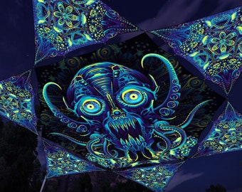 Decoração de teto de Halloween com hexágono e 6 triângulos psicodélicos, cobertura reativa a UV CP-HX03, estampa elástica em Lycra