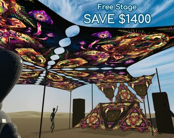 Tenda de sombreamento psicodélica + decoração de palco GRÁTIS - Economize 1400 USD na montagem do "Santuário Fúngico" para festivais com proteção UV.