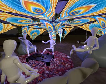 Conjunto de decoração para tenda "Solar Feathers" - Tecido elástico psicodélico modular para eventos, festivais e espaços de convivência.