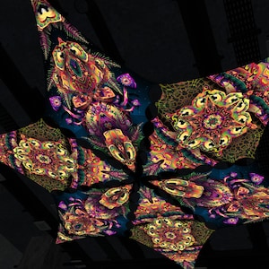 Plafonddecoratie "Fungal Rift" FR-DM04 en FR-DM02 Hexagram UV-luifel psychedelische feestdecoratie