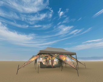 Conjunto de decoração para tenda "Aurora Bloom" - Tecido elástico psicodélico modular para eventos, festivais e espaços de convivência.