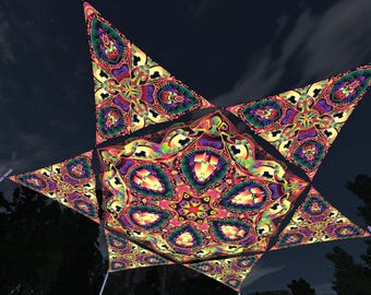 Ceiling Decoration Hexagon and 6 Triangles Psychedelic UV-Reactive Canopy Stretchable Print on Lycra Fungal Rift - 11