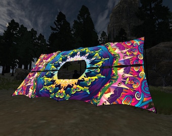 May include: A colorful, patterned canopy tent with a large circular opening in the center. The tent is made of a lightweight fabric and is perfect for outdoor events.