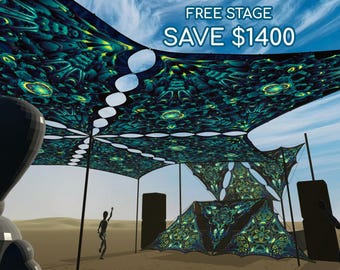 Tenda de sombreamento psicodélica + decoração de palco GRÁTIS - Economize 1400 USD na montagem do sistema UV para festivais "Cortex Array"