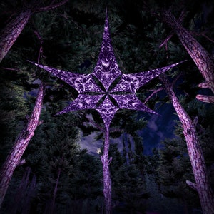 May include: A purple, star-shaped object hangs in the middle of a dark forest. The star is made up of many smaller, intricate shapes. The forest is dark and mysterious, with tall trees and a few stars visible in the sky.