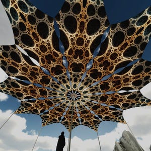 May include: An abstract canopy with a detailed, cellular design in brown and black hues. The canopy is supported by white cables, set against a blue sky with white clouds. A silhouetted figure is visible beneath the structure.
