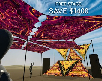 Psychedelisches Baldachin Schattensegelzelt + GRATIS Bühnendekoration - Sparen Sie 1400USD UV Festival Aufbau ""Garuda Ascension"""