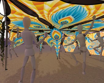 Conjunto de decoração para tenda "Solar Feathers" - Tecido elástico psicodélico modular para eventos, festivais e espaços de convivência.